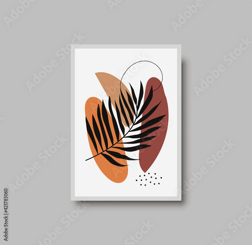Botanical wall art abstract vector. Foliage line drawing. Neutral boho art print. Minimal mid century wall art print for bedroom decor. Gallery decor poster, terracota watercolor. Vector illustration