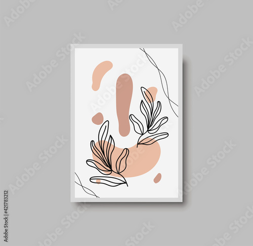 Botanical wall art abstract vector. Foliage line drawing. Neutral boho art print. Minimal mid century wall art print for bedroom decor. Gallery decor poster, terracota watercolor. Vector illustration