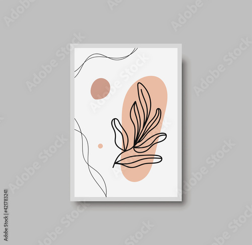 Botanical wall art abstract vector. Foliage line drawing. Neutral boho art print. Minimal mid century wall art print for bedroom decor. Gallery decor poster, terracota watercolor. Vector illustration