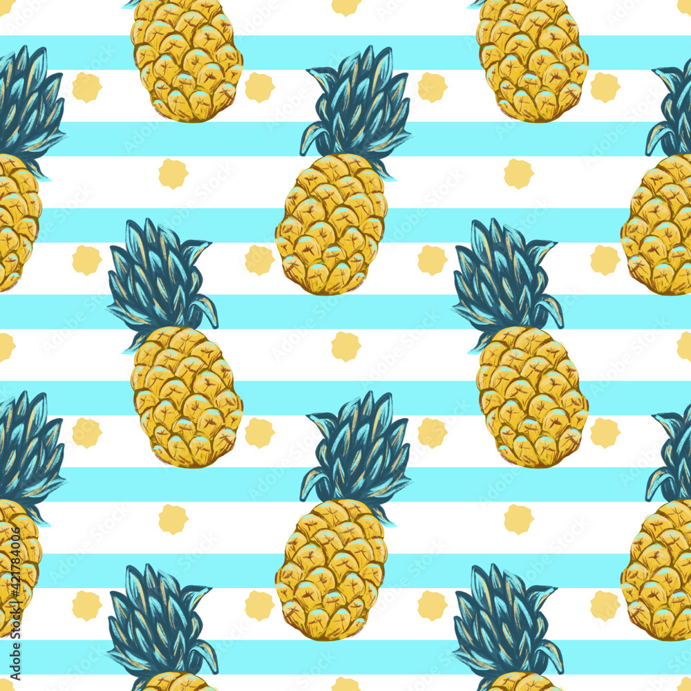 Pineapple seamless pattern, summer tropical background with fruits Pineapple seamless pattern, summer tropical background with fruits