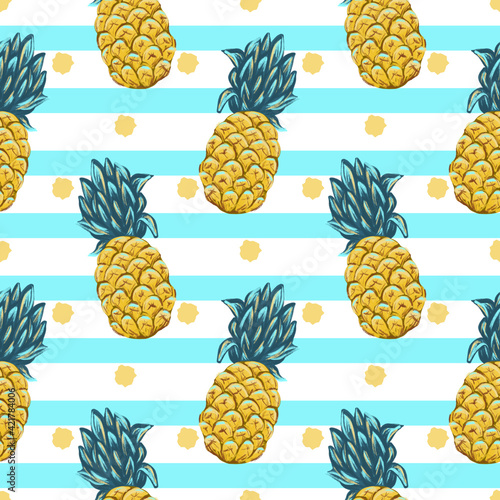 Pineapple seamless pattern  summer tropical background with fruits