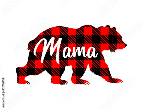 Mama bear buffalo plaid silhouette. Mothers day card or poster. Vector bear isolated on white background.