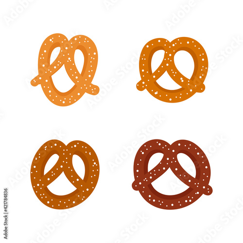 Set, collection of cute cartoon style pretzel, knot-shaped baked pastry icons.