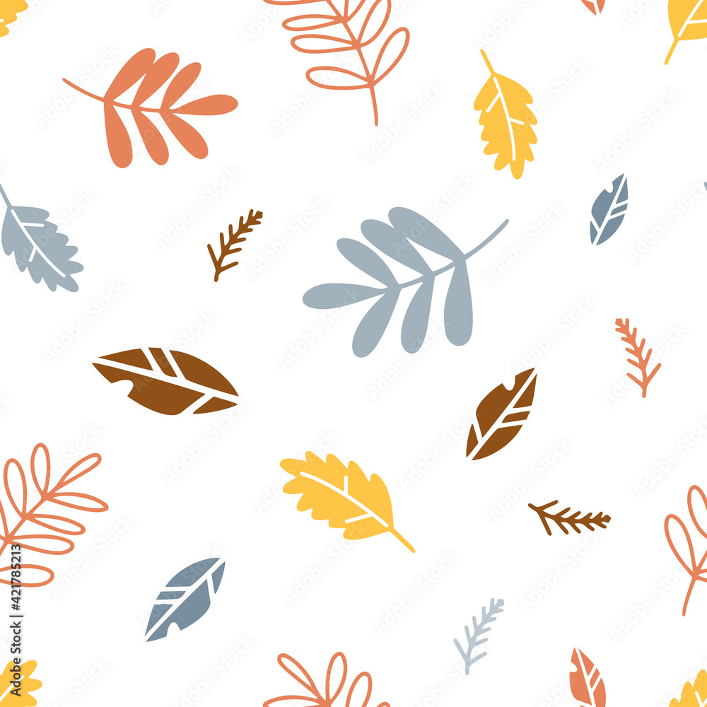 Seamless pattern autumn leaf fall. Vector illustration leaves on white background. For fabric, print, textile, kids decor room, background, wallpaper, wrapping Seamless pattern autumn leaf fall. Vector illustration leaves on white background. For fabric, print, textile, kids decor room, background, wallpaper, wrapping