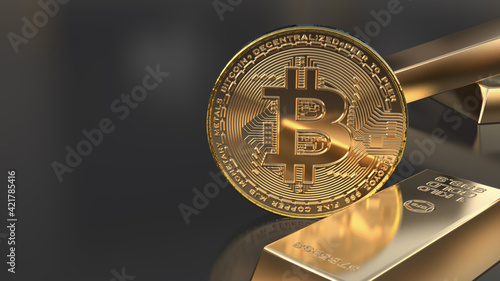 Gold Bitcoins with gold bars on black background. Concept of a cryptocurrency market. 3D illustration	
