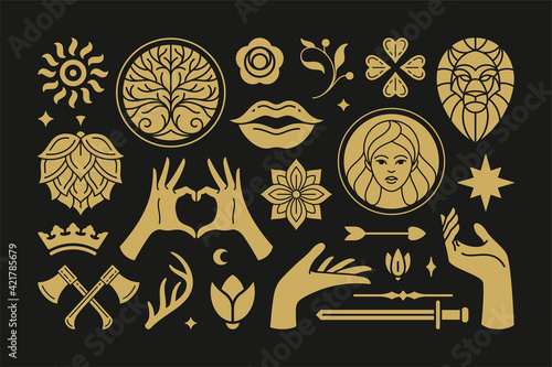 Esoteric magic and witch vector design elements set with female hands gestures.
