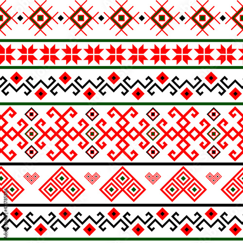 Bulgarian balkan national folklore embroidery style red, white, green and black ornamental seamless vector pattern