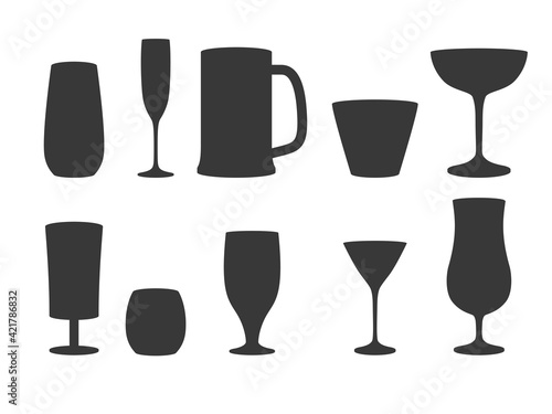 Silhouettes of various glassware isolated on white background. Vector illustration