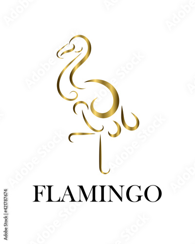 Line art vector illustration of gold flamingo. It is standing with one leg. 