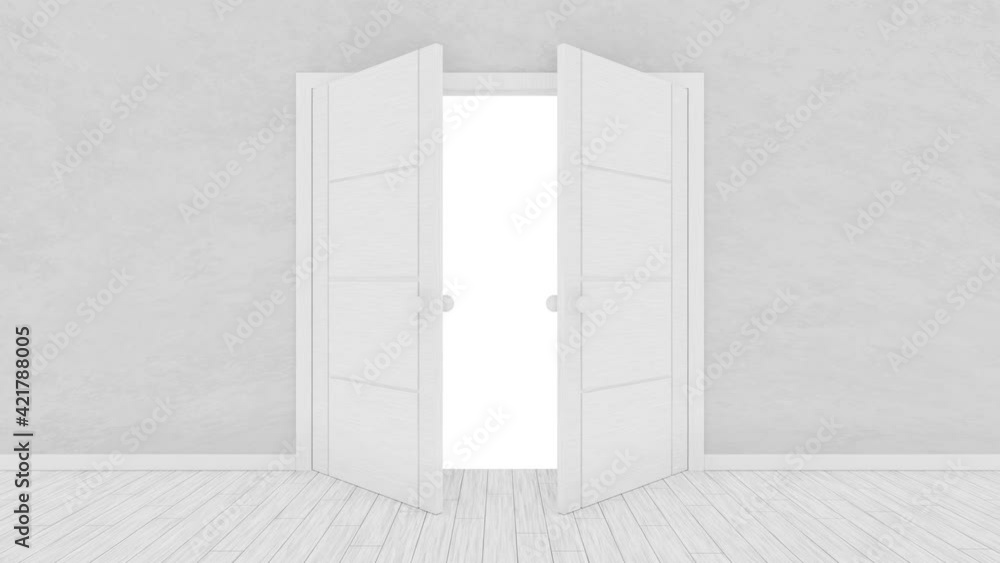 Realistic 3D animation of the white room doors opening rendered in UHD with alpha matte Realistic 3D animation of the white room doors opening rendered in UHD with alpha matte