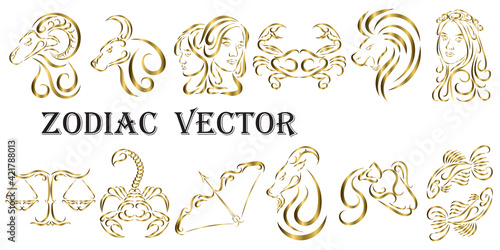 Vector graphic illustration of golden zodiac signs. All zodiac signs in line art concept: Aries; Taurus; Gemini; Cancer; Leo; Virgo; Libra; Scorpio; Sagittarius; Capricorn; Aquarius and Pisces.