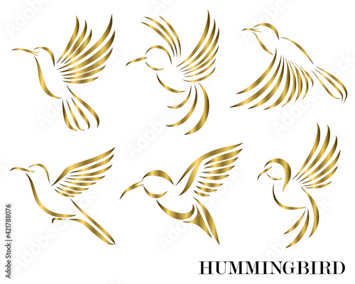 Line art Vector illustration six image set of flying golden hummingbirds. Suitable for making logos