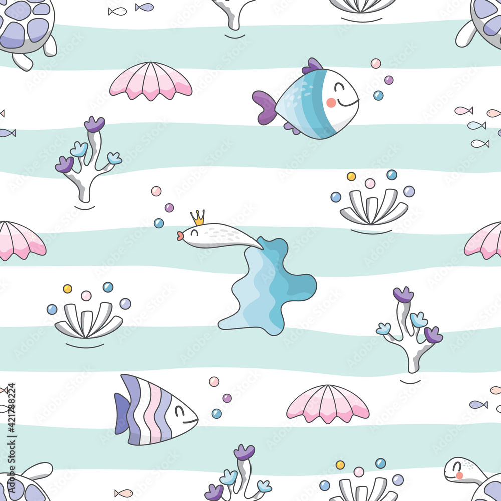 Sealife striped background. Sea fish characters cartoon seamless pattern.Textile for kids, notebook cover, wrapping paper. Vector