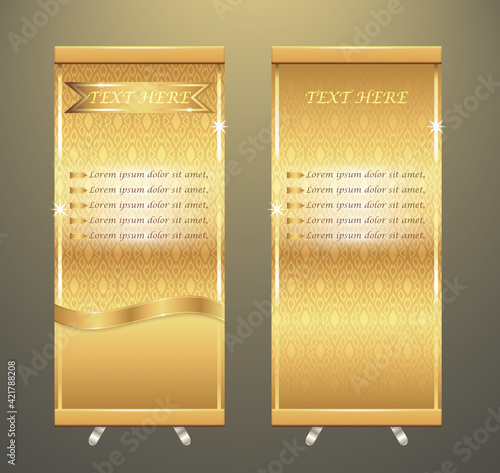 Roll up banner or signage vector design. Also called vertical template, retractable sign, pull up or pop up display. Include gold thai pattern background for business, exhibition, trade show and event