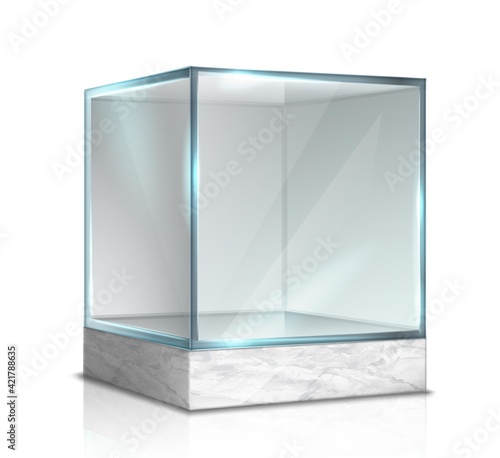 Vector 3d realistic glass box, cube for presentation on marble stand. Isolated on white background.