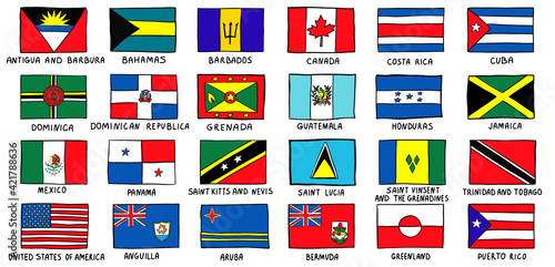 Sketch of Flags North America hand drawn doodle style. Vector illustration