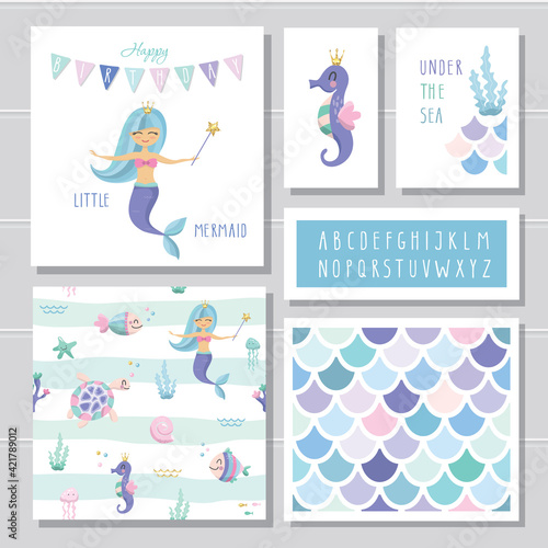 Mermaid birthday card templates set. Included fish skin pattern and narrow hand drawn font. Vector