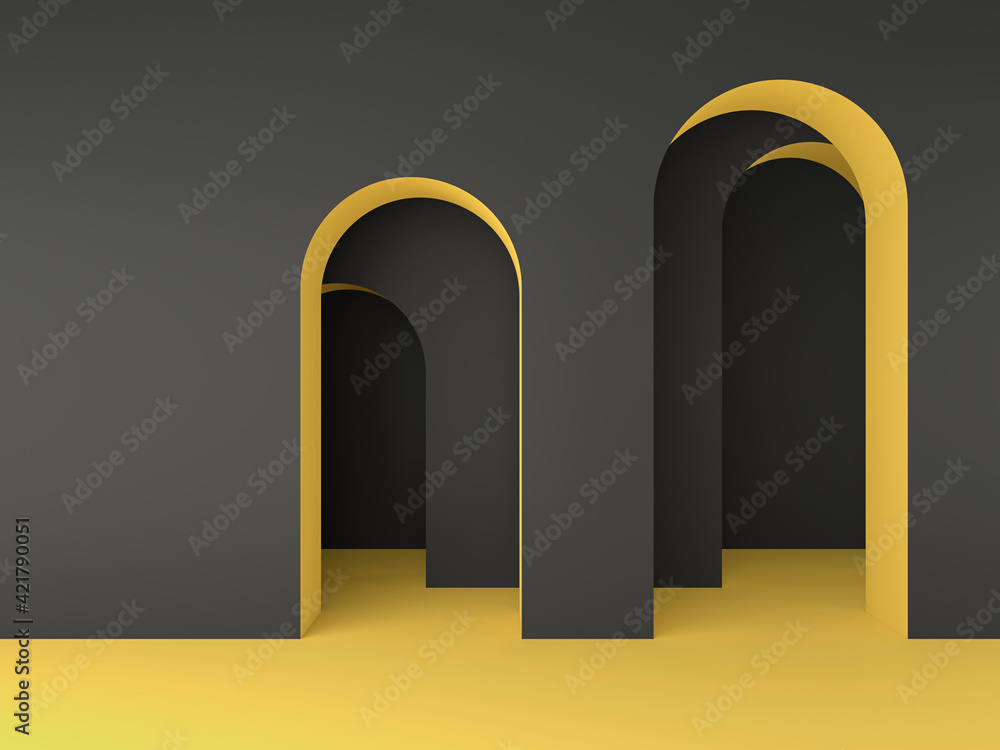 Abstract minimal geometric background; simple clean arched design; luxury minimalist mockup; primitive black and yellow shapes; wall niche; blank space; art deco display; 3d rendering, 3d illustration Abstract minimal geometric background; simple clean arched design; luxury minimalist mockup; primitive black and yellow shapes; wall niche; blank space; art deco display; 3d rendering, 3d illustration
