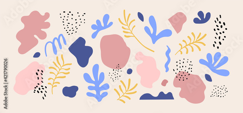 Doodle elements isolated. Trendy Matisse inspired style. Retro, vintage. Contemporary paper cut out form. Set collection. Vector hand drawn artwork. Blue, pink, beige, coral, terracotta, black colors.