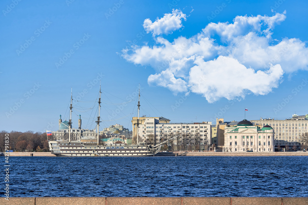 Russia, St Petersburg, an old sailing ship at the embankment of the Neva river