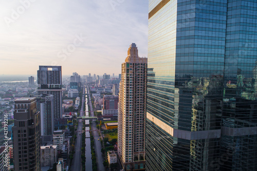 Aerial view Cityscape of Bangkok skyline with Road