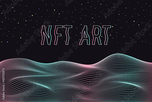 NFT non-fungible token. Vector futuristic cryptography wallpaper. Retro wave, synthwave, rave, vapor, cyber punk. Blue, black, pink purple color. Trendy vintage 80s, 90s style. Print, poster, banner