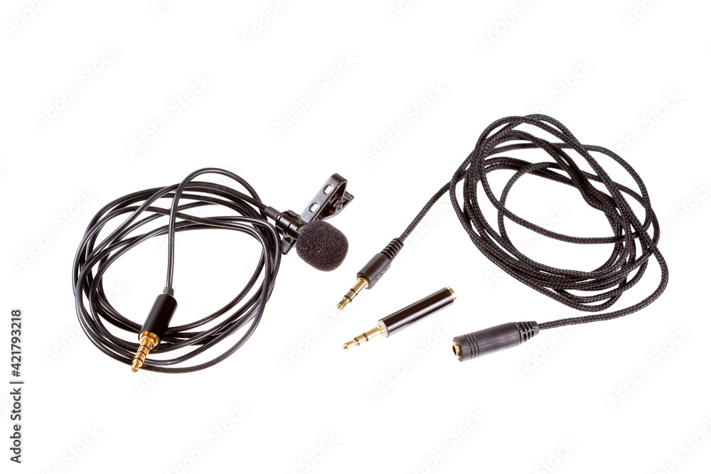 Small lavalier microphone or lapel mic with clip, adapter and extension cable Small lavalier microphone or lapel mic with clip, adapter and extension cable