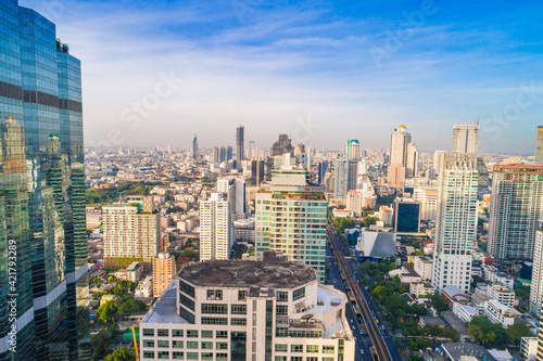 Aerial view Cityscape of Bangkok skyline with Road