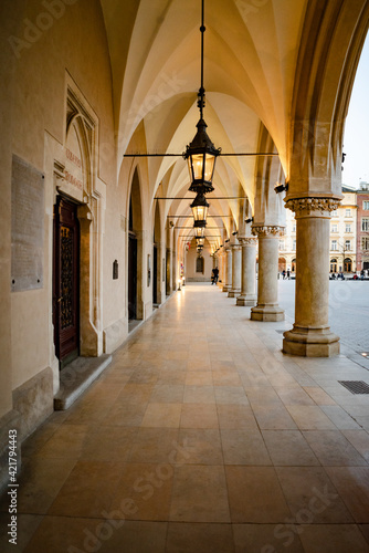 View under columns in Sukiennice Cracow.