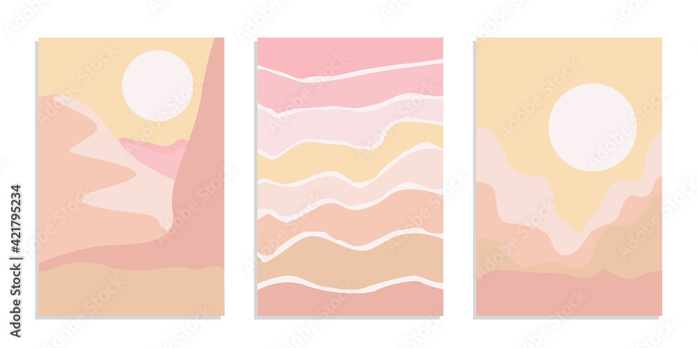 Desert abstract boho landscape with sun and moon in pink color. Abstract vector contemporary aesthetic background in Earth tones. Set of posters. Desert abstract boho landscape with sun and moon in pink color. Abstract vector contemporary aesthetic background in Earth tones. Set of posters.