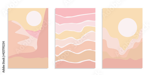 Desert abstract boho landscape with sun and moon in pink color. Abstract vector contemporary aesthetic background in Earth tones. Set of posters. photo