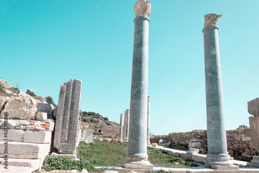 Marble columns of ancient antique city ruins of Caira or Knidos in Turkey, Datca province peninsula