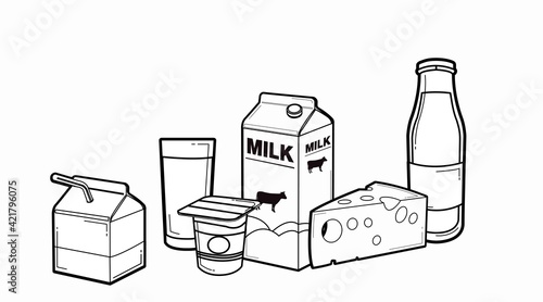 Milk Icon Set. Vector isolated black and white milk box or carton, milk bottle, yoghurt, cheese and a glass of milk