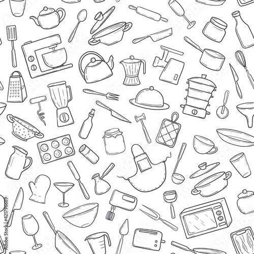Seamless pattern  kitchen cooking tools in a hand-drawn doodle style. Household utensils appliances, utensils, for textile print, wrapping paper, card. Vector illustration on white background