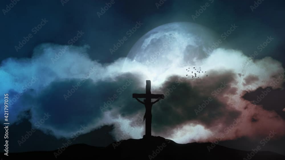 Full moon and silhouette of Holy Cross from Calvary hill. Concept of the Crucifixion of Christ. Full moon and silhouette of Holy Cross from Calvary hill. Concept of the Crucifixion of Christ.