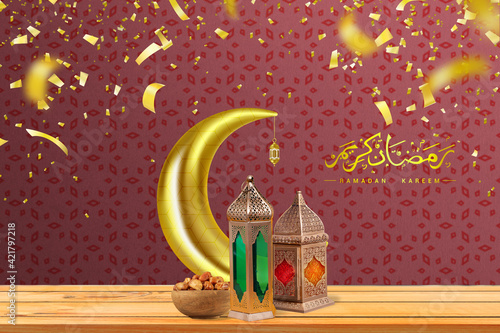 Ramadan and Eid al fitr concept 2021 backgrounds dates with Turkish traditional lantern Light Lamp,with confetti, Ramadan Kareem Mubarak 3d background. Translation of Ramadan kareem is Blessed Ramadan