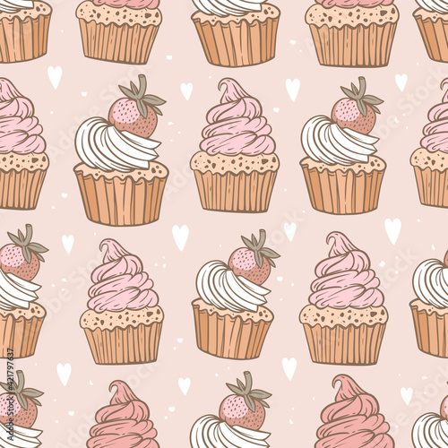 Strawberry cupcakes. Whipped cream  chocolate. Background with dots and hearts. Detailed outline drawing of dessert  holiday baking. Vector seamless pattern with pastries. Print design for pastry shop