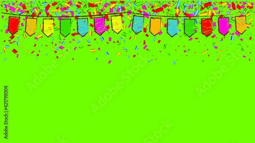 Chromakey, green screen background with many falling tiny colored confetti pieces. Happy party. Wedding, diploma celebration sign.  Celebrate, congrats you did it. Vector