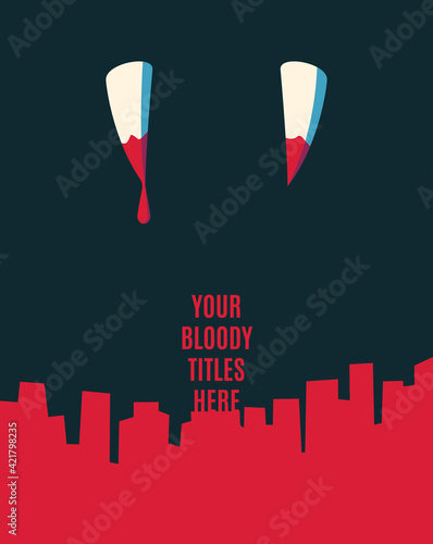 Blody vampire teeth on black background. Book cover, or party poster template.