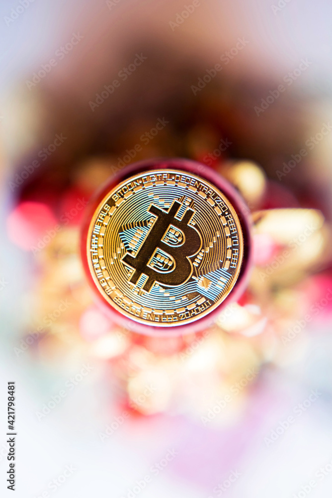 Bitcoins on a bright colored background (stock exchange, investment, training, seminar - concept)