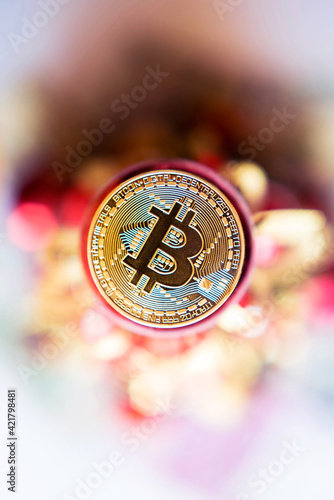 Obraz na płótnie Bitcoins on a bright colored background (stock exchange, investment, training, seminar - concept) w salonie