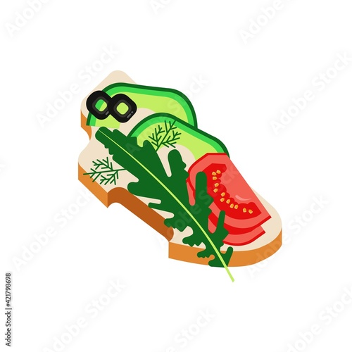 Food, sandwich. Vegetables and greens. Eco products, proper nutrition. Healthy breakfast. Template for a menu or banner. Vector illustration.
