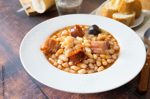 Asturian fabada plate ready to eat. Typical dish of the north of Spain. Food photography