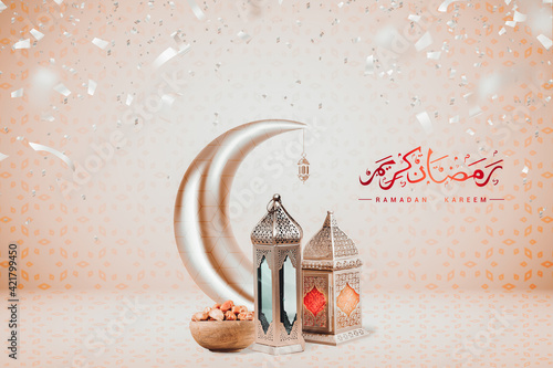 Ramadan and Eid al fitr concept 2021 backgrounds dates with Turkish traditional lantern Light Lamp,with confetti, Ramadan Kareem Mubarak 3d background. Translation of Ramadan kareem is Blessed Ramadan