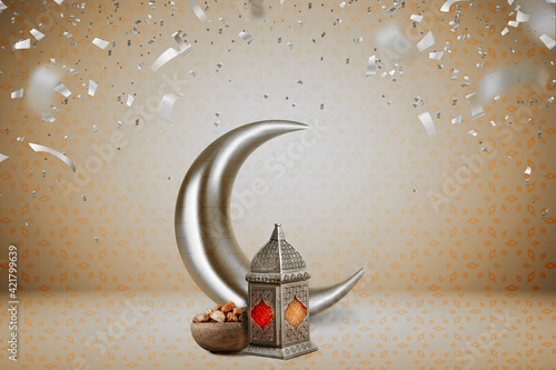 Ramadan and Eid al fitr concept 2021 backgrounds dates with Turkish traditional lantern Light Lamps,yellow colour Iftar theme image with confetti, Ramadan Kareem Mubarak 3d background