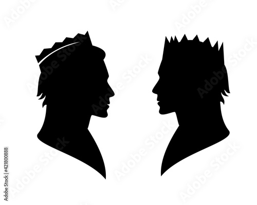 fairy tale king or prince wearing royal crown - noble man black and white vector silhouette head portrait