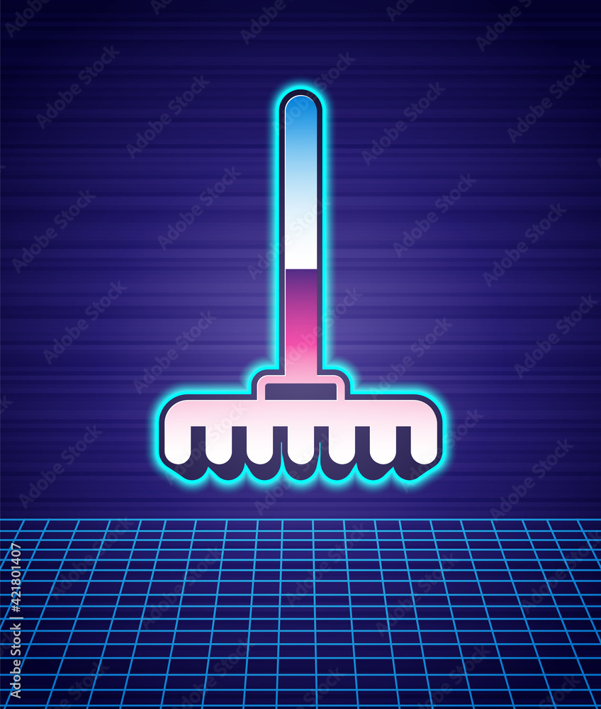 Retro style Garden rake icon isolated futuristic landscape background. Tool for horticulture, agriculture, farming. Ground cultivator. Housekeeping equipment. 80s fashion party. Vector Retro style Garden rake icon isolated futuristic landscape background. Tool for horticulture, agriculture, farming. Ground cultivator. Housekeeping equipment. 80s fashion party. Vector