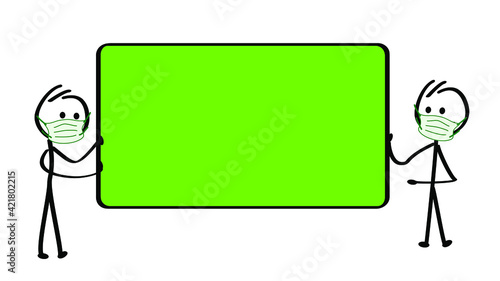 Chromakey, green screen background with face mask. Stickman hold a billboard. Drawing cartoon person and board sign. Empty or blank communication signboard. © MarkRademaker