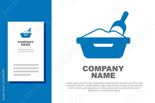 Blue Cat litter tray with shovel icon isolated on white background. Sandbox cat with shovel. Logo design template element. Vector