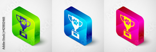 Isometric Pet award symbol icon isolated on grey background. Medal with dog footprint as pets exhibition winner concept. Square button. Vector